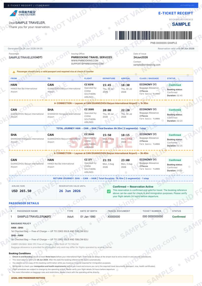 Sample e-ticket — watermarked, with fake passenger data